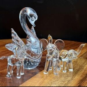 Vintage Clear Art Glass Swan & Elephant Figurines Lot Controlled Bubble Gold